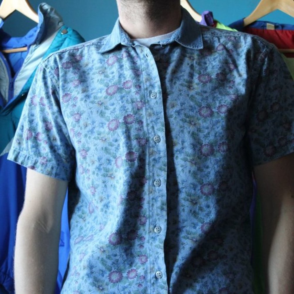 Vintage Floral Print Denim Collared Shirt